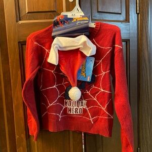 Marvel Spider-Man Holiday Hero Santa Claus Hat Sweater Kids Boys Size 7 NWT